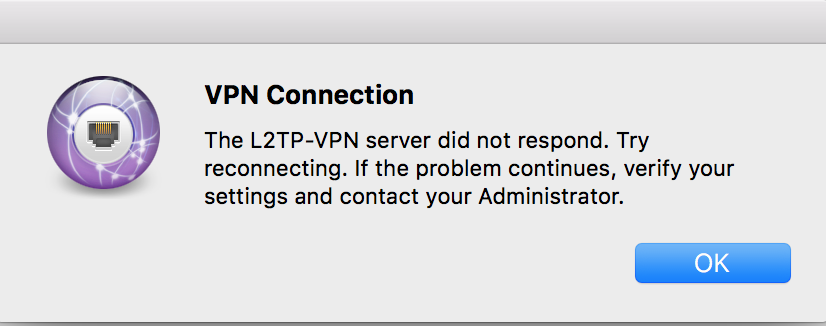 The L2TP VPN Server did not respond.